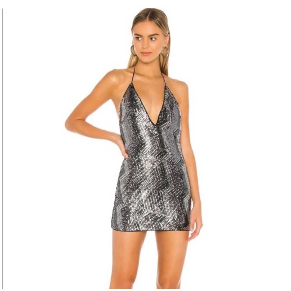 Michael Costello Silver Sequin Plunging Halter Mini Dress